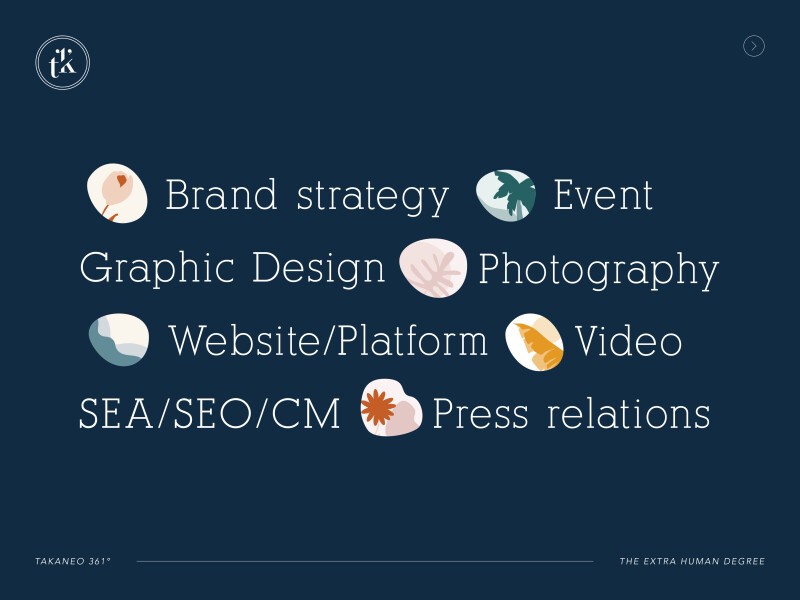 Les services de Takaneo : brand strategy, event, graphic design, photography, website et platform, video, SEA/SEO/CM, press relations