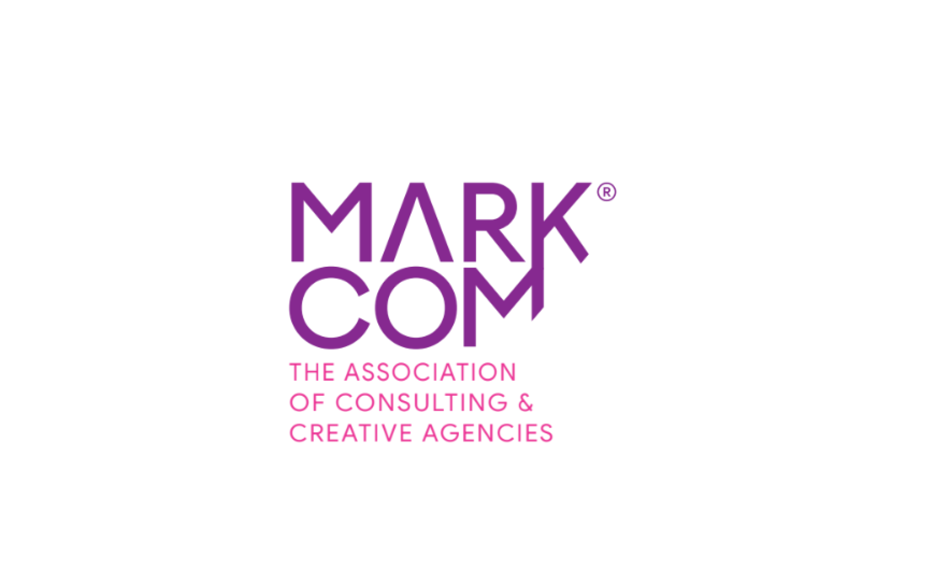 Logo MarkCom — The Association of Consulting & Creative Agencies, en violet et rose sur fond blanc